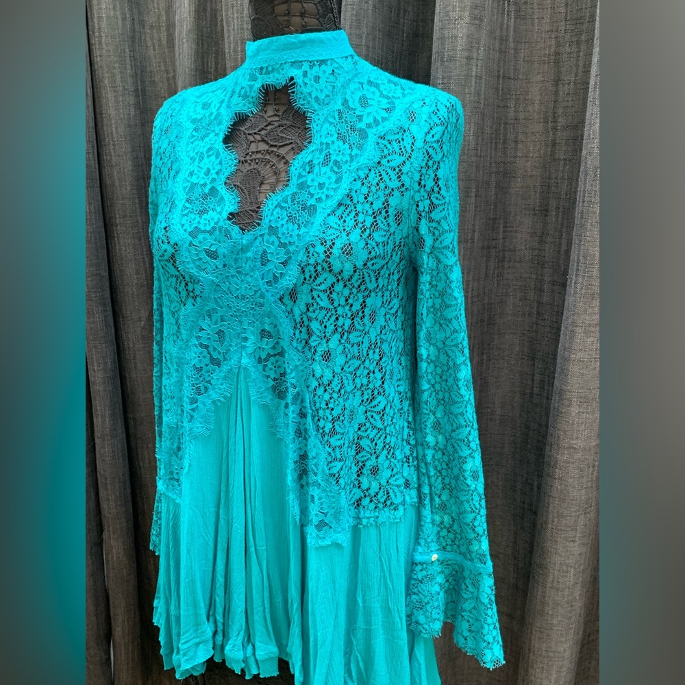 Free People Aqua Lace Bell Sleeve Dress or Shirt, Never Worn, Front/Back Opening